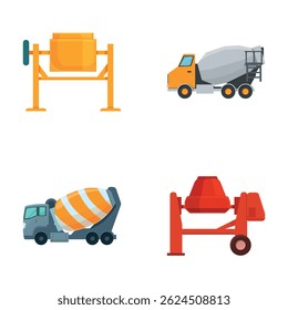 Ícones de caminhão de concreto definir o vetor de desenhos animados. Máquinas para vazar cimento. Máquinas para construção