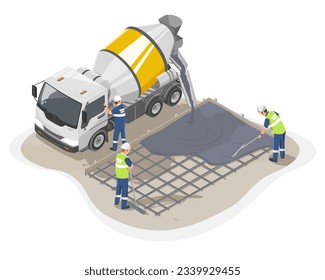 Concrete truck isometric yellow white cement delivery worker working on floor construction worksite isolated cartoon illustration vector svg