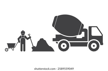 concrete truck mixer car near worker with shovel and trolley icon