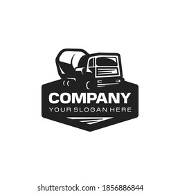 Concrete truck mixer logo. Construction cement mixer. Branding for construction, agent, heavy equipment, rent, sales, dealer. Isolated logo vector inspiration. Graphic design.