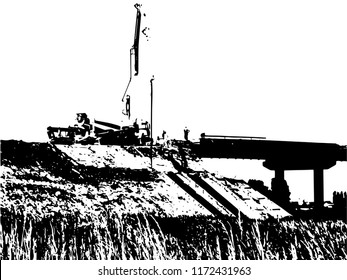 Concrete truck working at bridge. Vector illustration