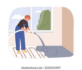 Concrete underfloor, pouring cement foundation. Flooring preparation. Worker preparing subfloor layer during renovation in apartment, house. Flat vector illustration isolated on white background