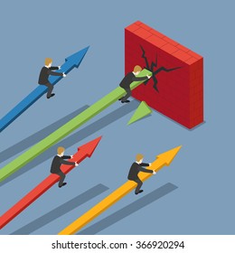 Concrete wall flat 3d isometry isometric stock exchange financial market business concept web vector illustration. Businessmen flying on arrow crash. Creative people collection.