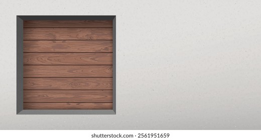 Concrete wall with square hole have cut timber panels mocha tone behind graphic illustration. 