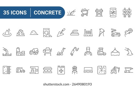 Concrete Web Icons Set en línea o estilo de contorno relacionado con el hormigón. Iconos para Web y App móviles. Colección de iconos lineales. Trazos editables. Ilustración vectorial.