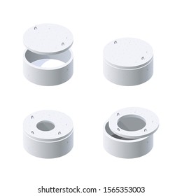 Concrete wells with opened and closed lid. Isometric icons of building materials. Vector illustration isolated on a white background in flat style.