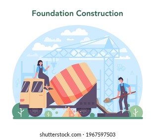 Concrete worker concept. Professional builder preparing concrete