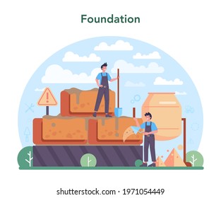 Concrete worker concept. Professional builder preparing concrete with tools and cement. Process of house building and foundation construction. Isolated flat vector illustration
