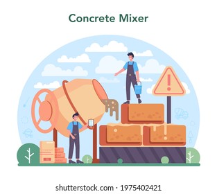 Concrete worker concept. Professional builder preparing concrete with tools and cement. Process of house building and foundation construction. Isolated flat vector illustration