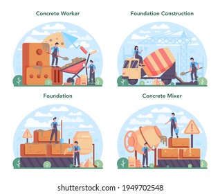 Concrete worker concept set. Professional builder preparing concrete