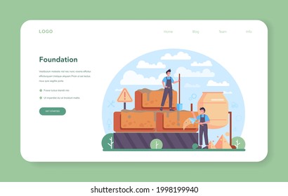 Concrete worker web banner or landing page. Professional builder preparing concrete with tools and cement. Process of house building and foundation construction. Isolated flat vector illustration