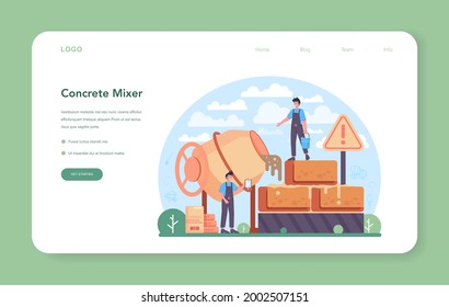 Betreutes Web-Banner oder Landing-Seite für Arbeitnehmer. Professioneller Bauer, der Beton mit Werkzeugen und Zement zubereitet. Prozess des Hausbaus und des Fundamentbaus. Einzelne flache Vektorgrafik