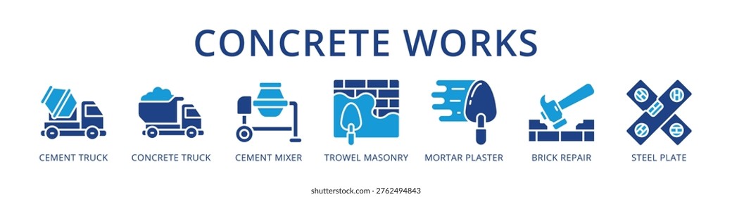 Concrete Works Professional Masonry Workflow from Cement Truck and Concrete Mixer to Mortar Plaster and Steel Plate