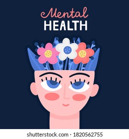 Conctpt with blooming head. Caring for mental health. Psychology and psychotherapy. Flowers growing from brain. Design is for brochure, banner, poster, advertisement. Vector illustration, eps10