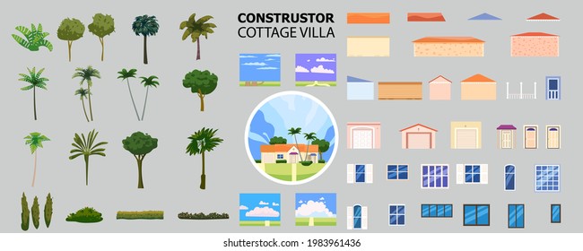 Conctructor house villa elements, door, windows, walls, roof, flora, trees, palms. Set creator architecture real estate, build cottage, vector illustration