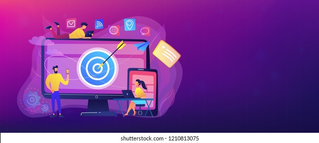 Concumers with devices get targeted ads and messages. Multi device targeting, reaching audience, cross-device marketing concept on white background. Header or footer banner template with copy space.