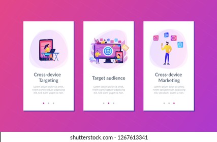 Concumers mit Geräten erhalten gezielte Anzeigen und Nachrichten. Multi-Device-Targeting, Zielgruppe, Cross-Device-Marketing-Konzept auf weißem Hintergrund. Benutzeroberflächen-UX-Vorlage für mobile Benutzeroberfläche, Wireframe für App