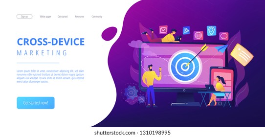 Concumers with devices get targeted ads and messages. Multi device targeting, reaching audience, cross-device marketing concept on white background. Website vibrant violet landing web page template.