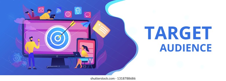 Concumers with devices get targeted ads and messages. Multi device targeting, reaching audience, cross-device marketing concept on white background. Header or footer banner template with copy space.
