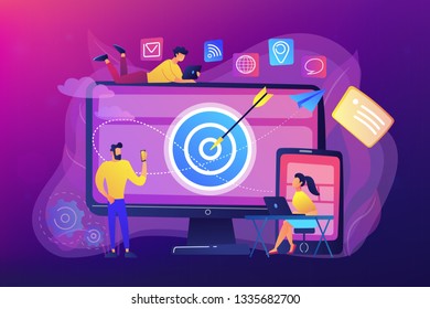 Concumers with devices get targeted ads. Multi device targeting, reaching audience, cross-device marketing concept on ultraviolet background. Bright vibrant violet vector isolated illustration