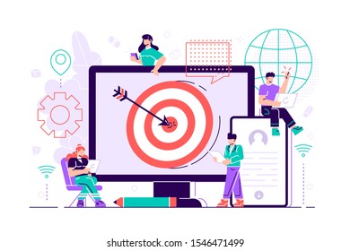 Concumers with devices get targeted ads and messages. Multi device targeting, reaching audience, cross-device marketing concept on white background. Bright vibrant violet vector isolated illustration