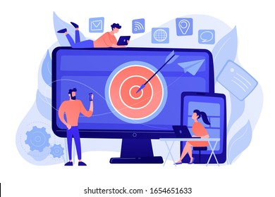 Concumers with devices get targeted ads and messages. Multi device targeting, reaching audience, cross-device marketing concept on white background. Pinkish coral bluevector isolated illustration