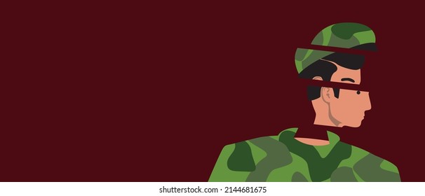 Concussion, Shell-shock In Army Soldier. Flat Vector Stock Illustration. Post-traumatic Stress Disorder, Shock. Copy Space Template For Design And Overlay