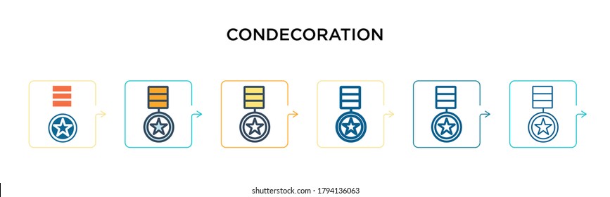 Dekoration Vektorsymbol in 6 verschiedenen modernen Stilen. Schwarze, zweifarbige Kondekorationssymbole, die im vollen, Umriss-, Linien- und Strichstil entworfen wurden. Vektorgrafik kann für Web, Mobile, i