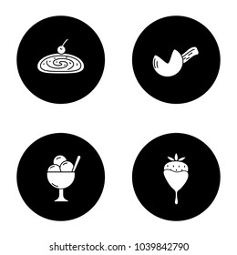 Condectionery glyph icons set. Coffee house menu. Cherry strudel, fortune cookie, ice cream bowl, strawberry in chocolate. Vector white silhouettes illustrations in black circles