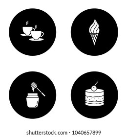 Condectionery glyph icons set. Coffee house menu. Hot drink, ice cream cone, honey jar, tiramisu. Vector white silhouettes illustrations in black circles
