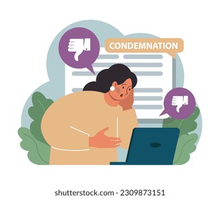 Condemnation. Public censure or judgement. Upset victim being bullyed and shamed by others. Flat vector illustration