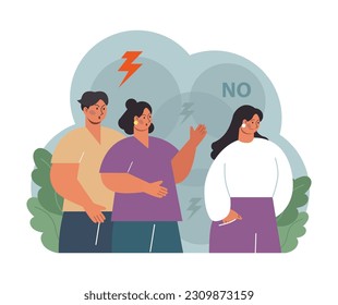 Condemnation. Public censure or judgement. Upset victim being bullyed and shamed by group of people. Flat vector illustration