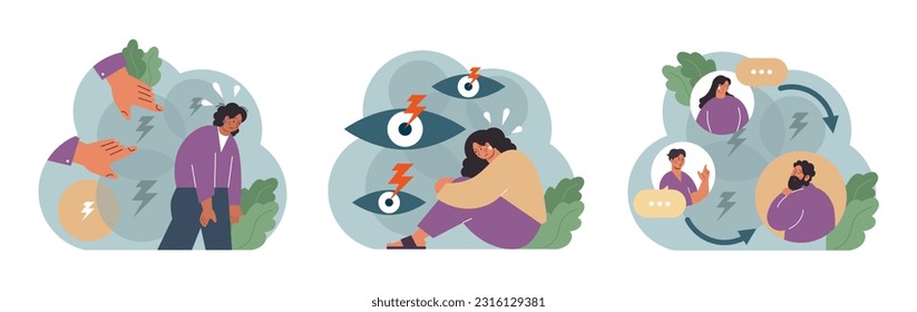 Condemnation set. Public censure or judgement. Upset victim being bullyed and shamed by others. Flat vector illustration