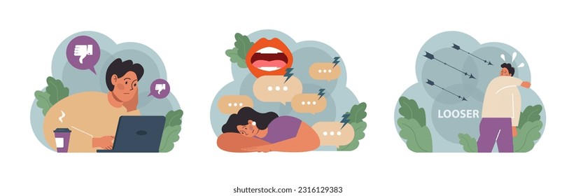 Condemnation set. Public censure or judgement. Upset victim being bullyed and shamed by others. Flat vector illustration