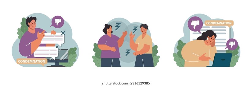 Condemnation set. Public censure or judgement. Upset victim being bullyed and shamed by others. Flat vector illustration