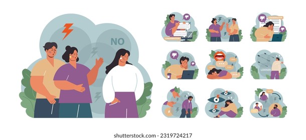 Condemnation set. Public censure or judgement. Upset victim being bullyed and shamed by others. Flat vector illustration