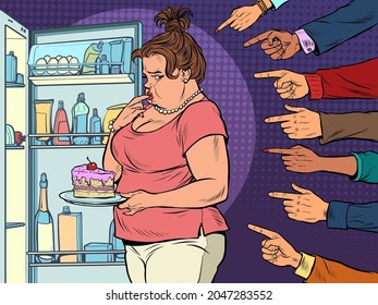 Condemnation And Shame. Fat Woman At The Open Refrigerator With Food, Obesity And Excess Weight