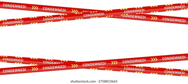 Condemned warning tape background. Red caution ribbons with yellow stripes, danger zone, restricted zones, demolition graphic design. Vector illustration on transparent PNG background
