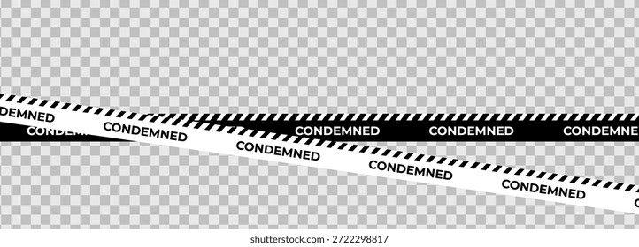 Condenado conjunto de fita de aviso, barreira diagonal preto e branco na cena de crime de fundo xadrez transparente, demolição, alerta de quarentena. Modelo de sobreposição de fitas condenado. Ilustração vetorial.