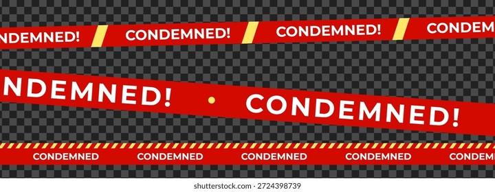 Cintas de advertencia condenadas en rejilla transparente oscura, franjas rojas de la barrera de seguridad para la demolición, cuarentena, alertas de propiedad restringida. Condenó las superposiciones de cinta por Anuncio, gráficos. Ilustración vectorial