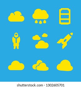 condensation icons set with rocket space ship in diagonal, protective suit and soda vector set