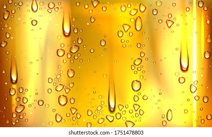 Condensation water or beer droplets on glass yellow background. Rain drops on window, abstract wet texture, cold juice or champagne alcohol beverage in wineglass. Realistic 3d vector illustration