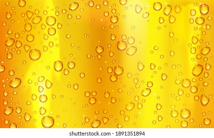 Condensation water or beer droplets on glass yellow background. Rain drops on window, abstract wet texture, cold juice or champagne alcohol beverage in wineglass. Realistic 3d vector illustration