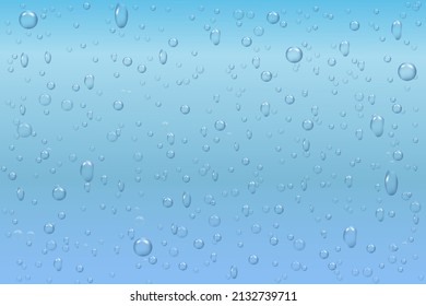 Condensation water droplets on a light blue background. Raindrops with light reflection, abstract wet texture. Realistic vector illustration