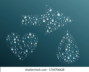 Condensation water droplets in shape of heart, tear and arrow isolated on dark background. Hydration liquid drops, rain shower bubbles wet texture, design elements, Realistic 3d vector illustration