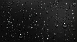 Condensation Water Drops On Black Glass Background. Rain Droplets With Light Reflection On Dark Window Surface, Abstract Wet Texture, Scattered Pure Aqua Blobs Pattern Realistic 3d Vector Illustration