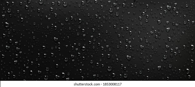 Condensation water drops on black window background. Rain droplets with light reflection on dark glass surface, abstract wet texture, scattered pure aqua blobs pattern Realistic 3d vector illustration