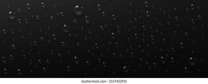 El agua de condensación cae sobre el fondo negro. Gotas de lluvia con reflexión luminosa sobre la superficie oscura, textura húmeda abstracta, patrón de manchas acuáticas puras dispersas Ilustración vectorial 3d realista