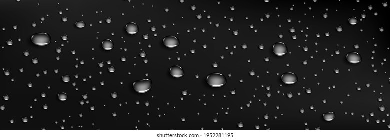 El agua de condensación cae sobre un fondo oscuro. Llueve gotas en el cristal de la ventana. rocío realista, condensado de vapor de ducha o niebla. Ilustración vectorial 3d de la superficie negra húmeda con gotas de agua.