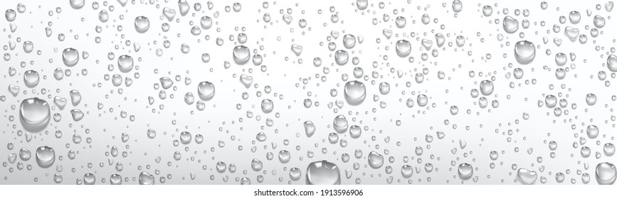 Condensation water drops on grey or silver background. Rain droplets with light reflection on window or glass surface, abstract wet texture, pure aqua blobs pattern, Realistic 3d vector illustration